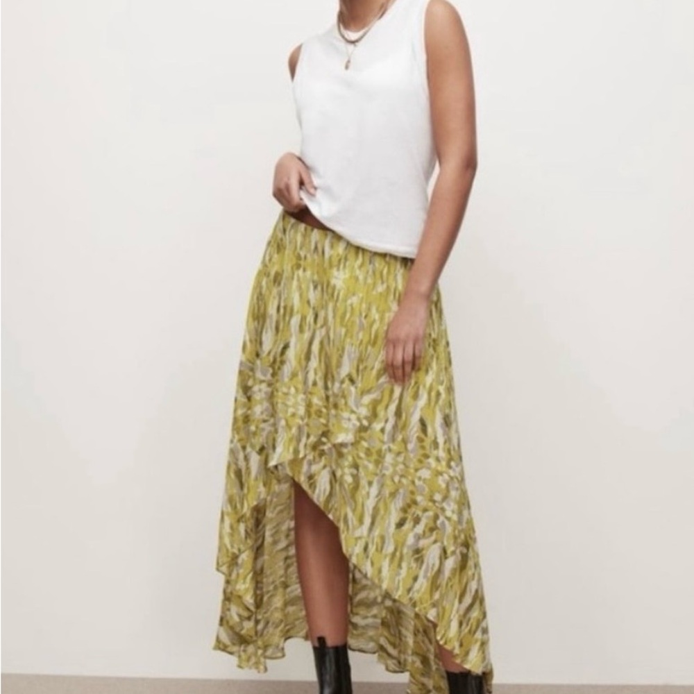 All Saints Slvina Oniyuri Asymmetrical Midi Skirt in yellow, size 8